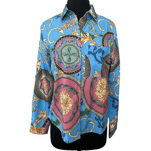 NWT Made with Love Blouse Womens Medium Boho Silky Blue Collared Button Up Shirt